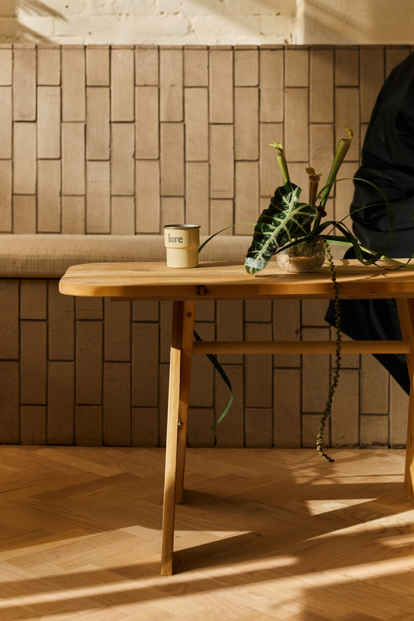 A wooden table holds a potted plant and a small candle labeled 