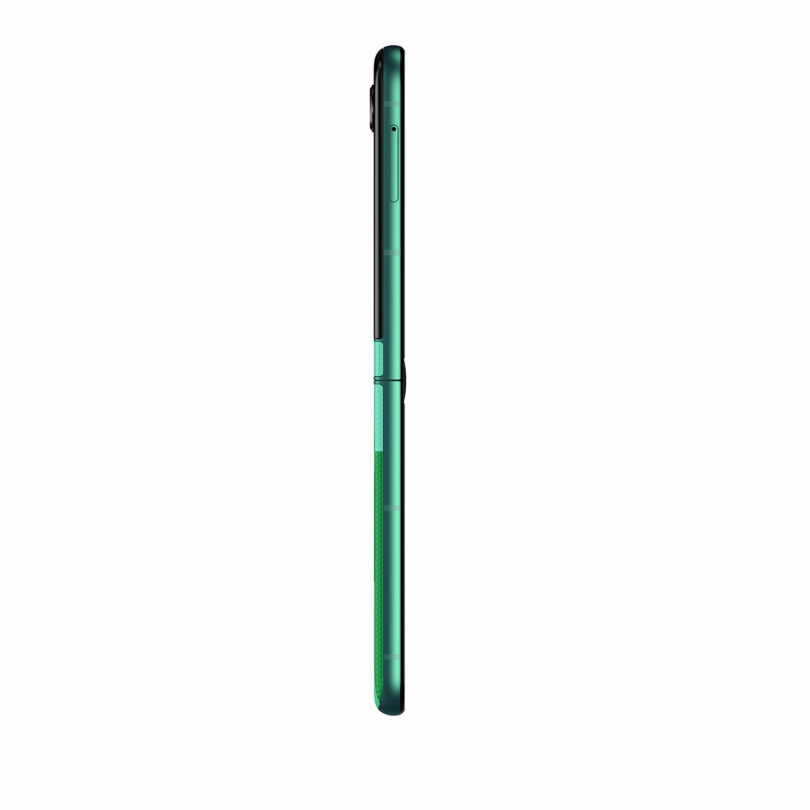 Side view of a green smartphone, showing its slim profile and the camera bump at the top.