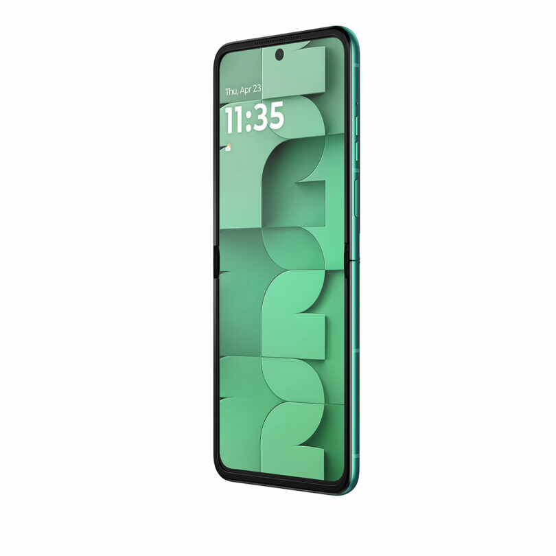 A green smartphone is shown open in a vertical position, displaying the time 11:35 and date Thursday, April 23 on its screen.