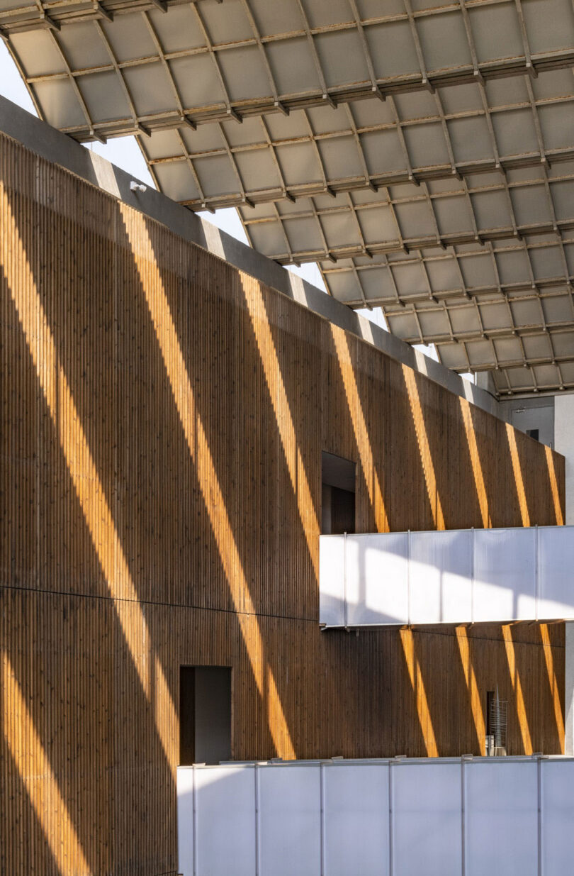 Sunlight casts angled shadows through a gridded roof onto a wooden wall with several doorways and white barriers inside a modern building designed by Malik Architecture.