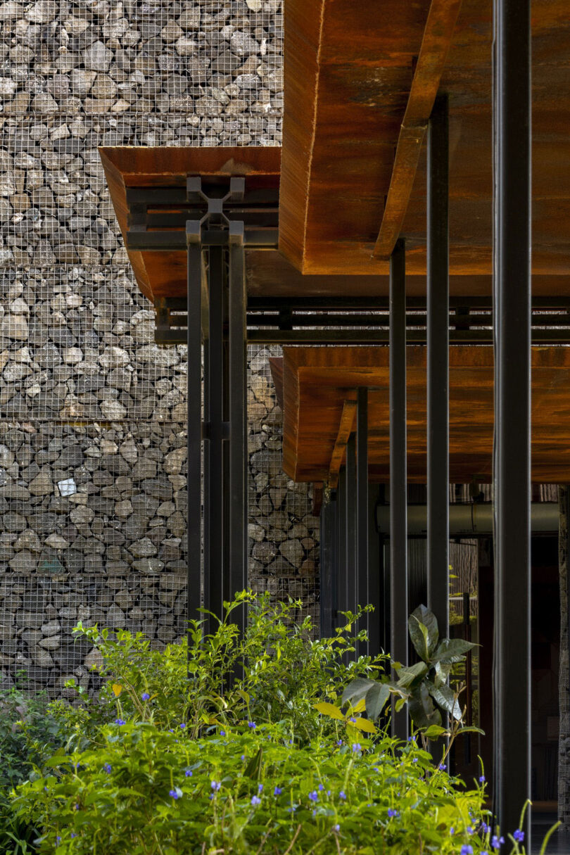 Close-up of a modern building facade by Malik Architecture, featuring rust-colored metal beams, wire mesh filled with stones, and green plants in the foreground.