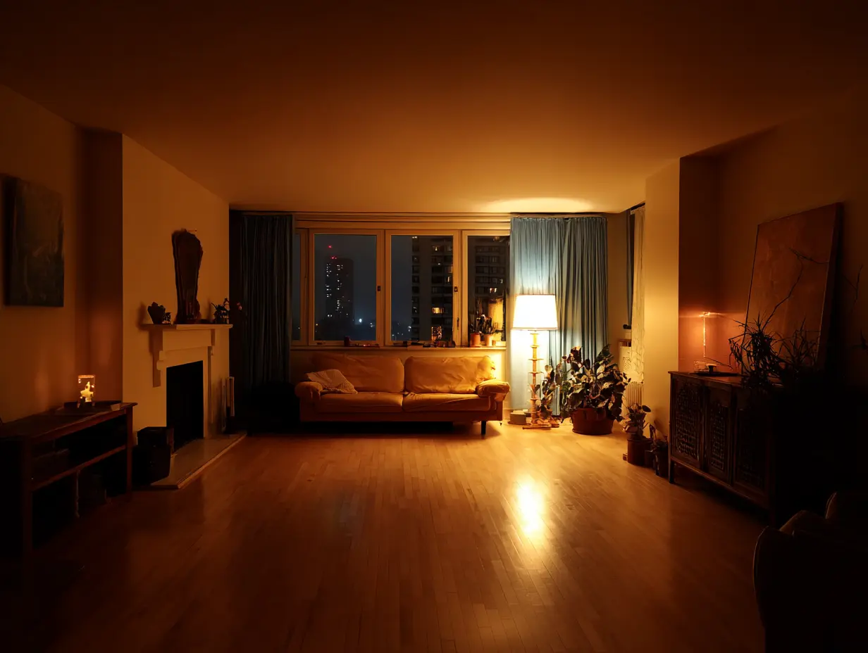 A dimly lit room that uses 2700K bulbs.