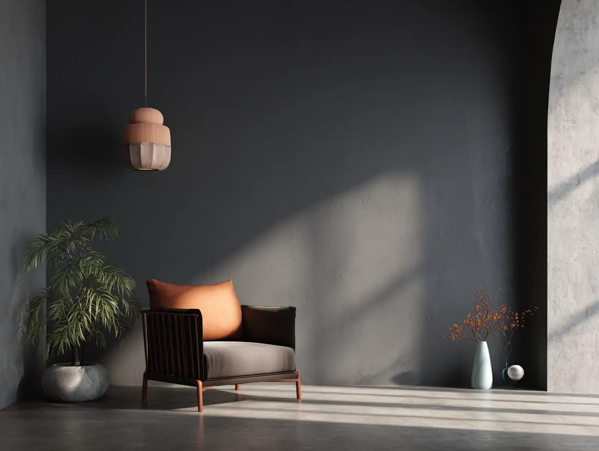 A room with matte grey wall paint.