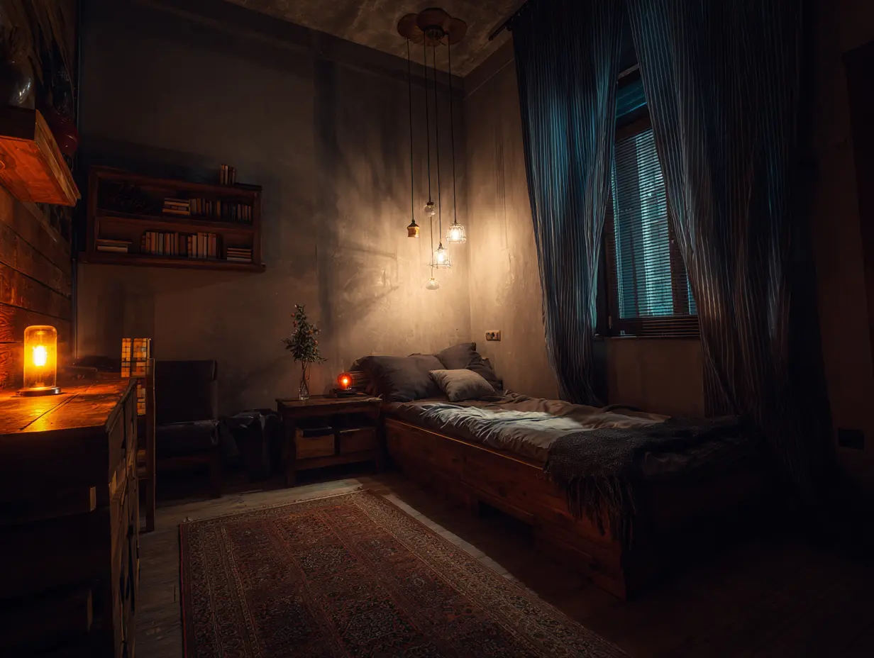 A dimly lit bedroom that uses 2700K bulbs.