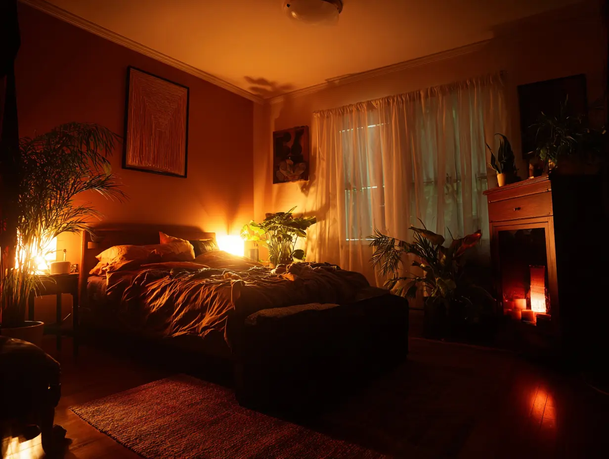 A dimly lit bedroom that uses a few 2700K bulbs.