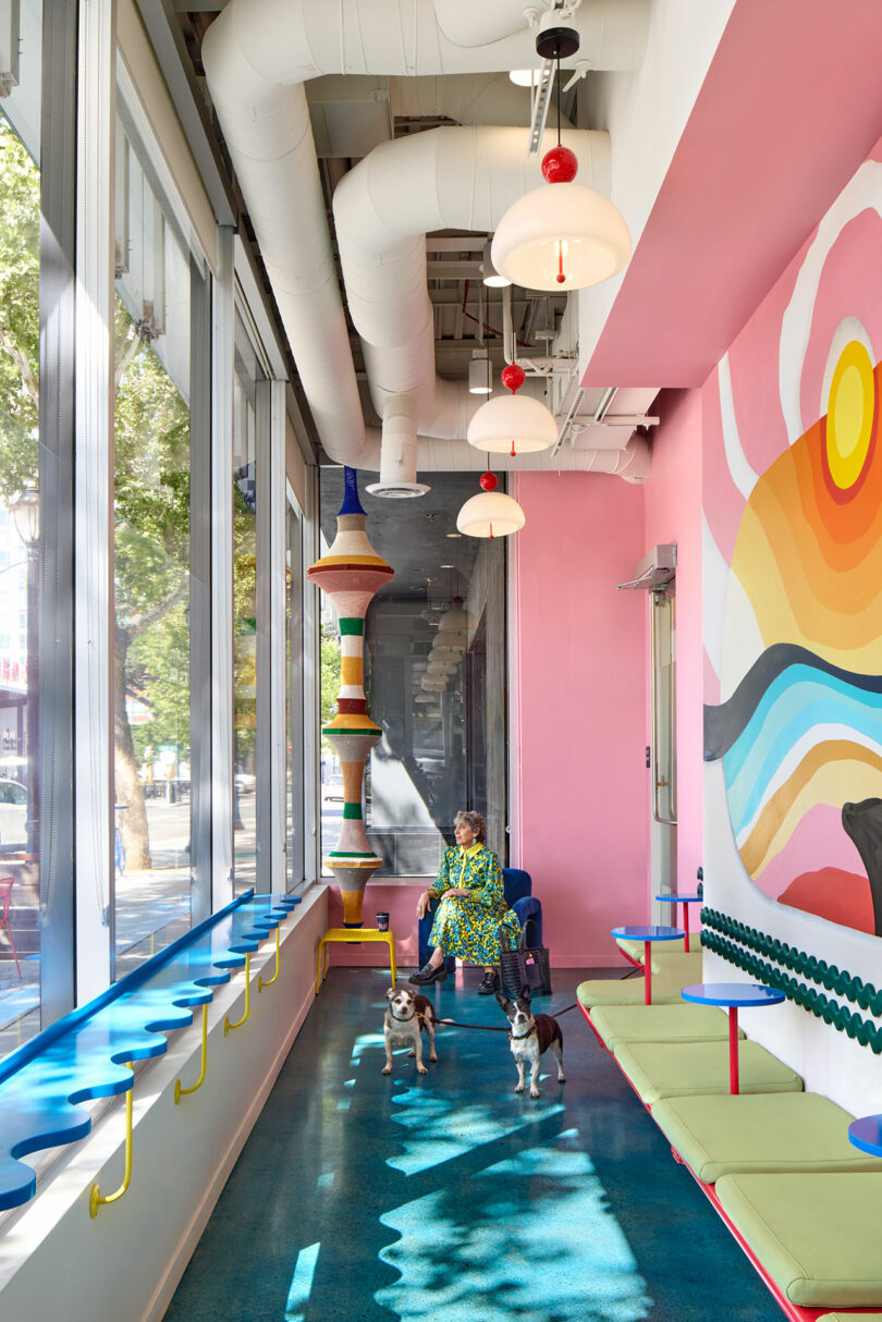 A woman sits on a bench with two dogs in a colorful, modern room with large windows, abstract wall art, and playful furniture.