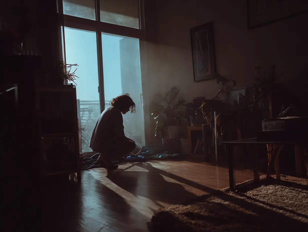 A shot of a person cleaning their apartment floor clearing out the area in front of their window so that light can come into the apartment.