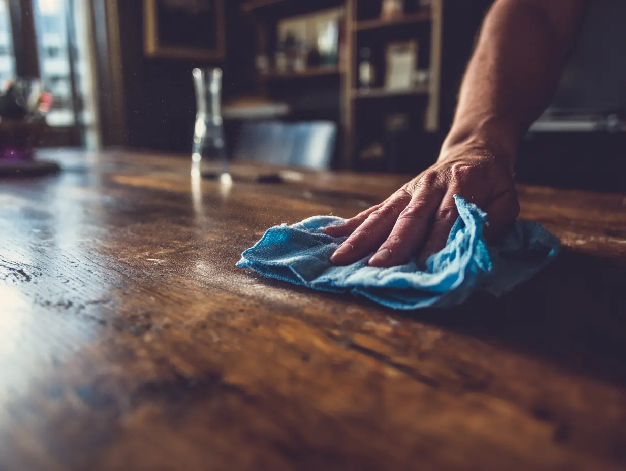 A closeup image of a person cleaning their dining table.