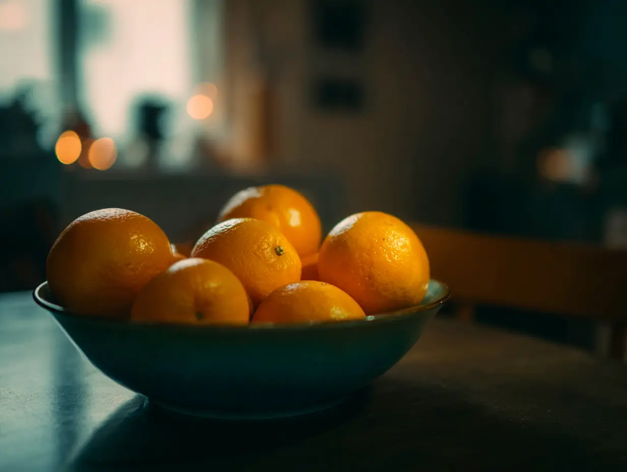 A shot of oranges kept on a table in someone's kitchen.