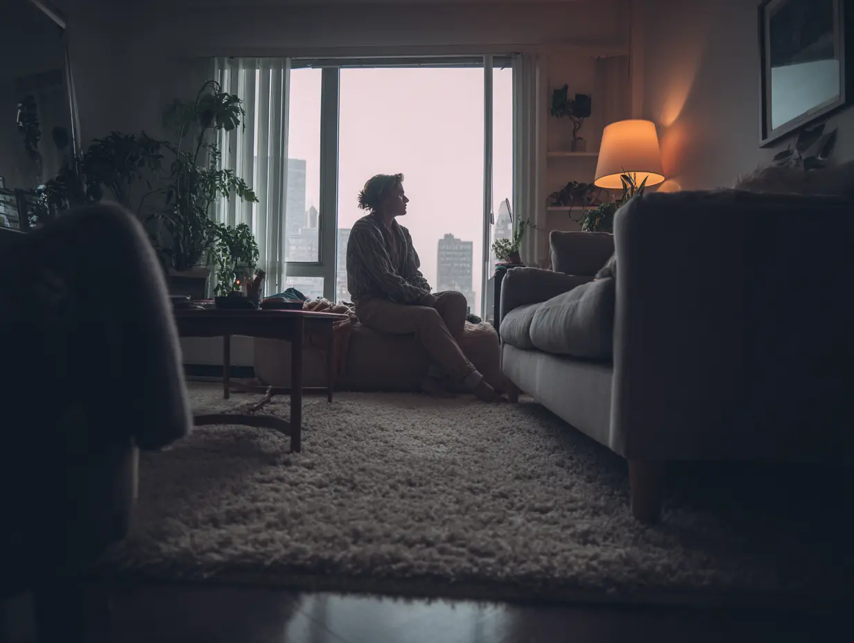 A shot of a person happily sitting in their apartment room after spring cleaning.