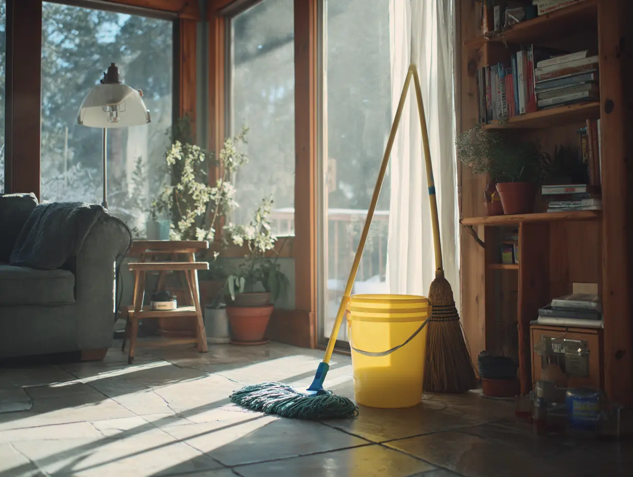 An image of a mop and bucket kept in a room during spring cleaning.