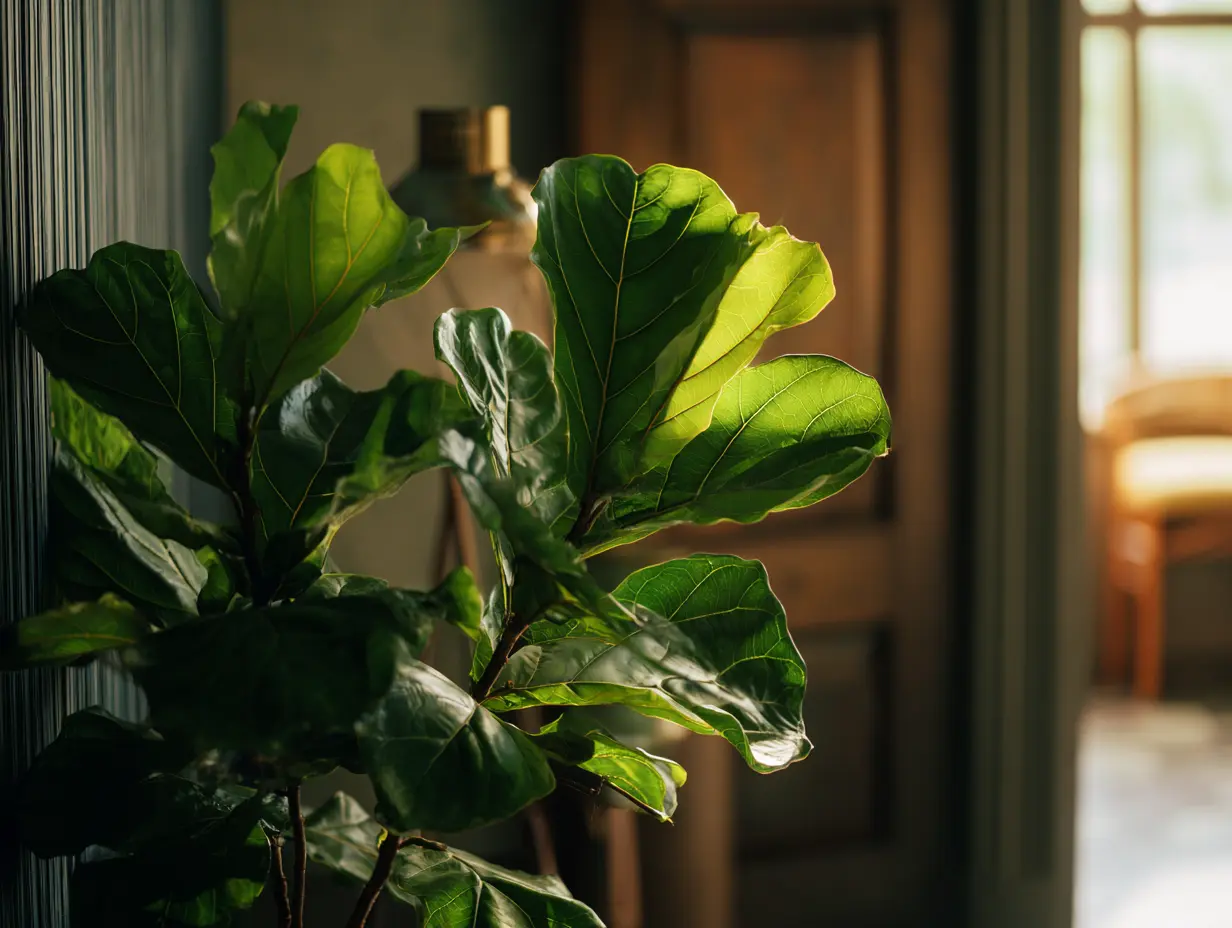 A shot of a Fiddle Leaf Fig plant kept inside an apartment.