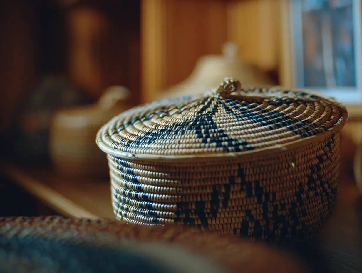 A shot of a sweetgrass basket kept in a room.