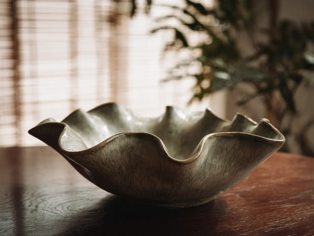 A shot of a wavy-edged ceramic bowl kept on a table in a room that follows a slightly biophilic design.