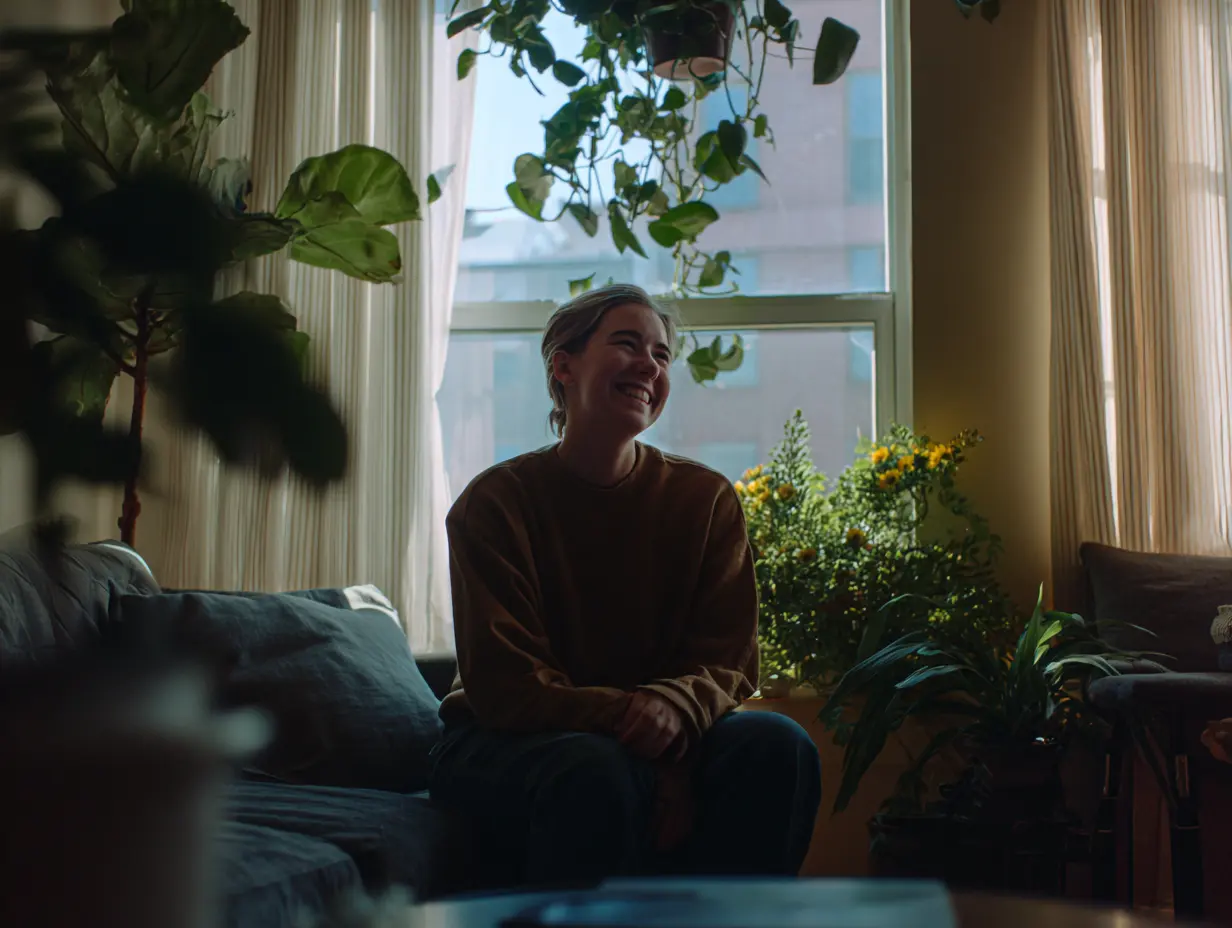 A person sitting happily inside a room with a biophilic design.