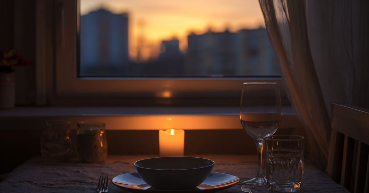 Cinematic shot of a cozy dining table set for one person's dinner by a home window, with a candle. It is late evening.