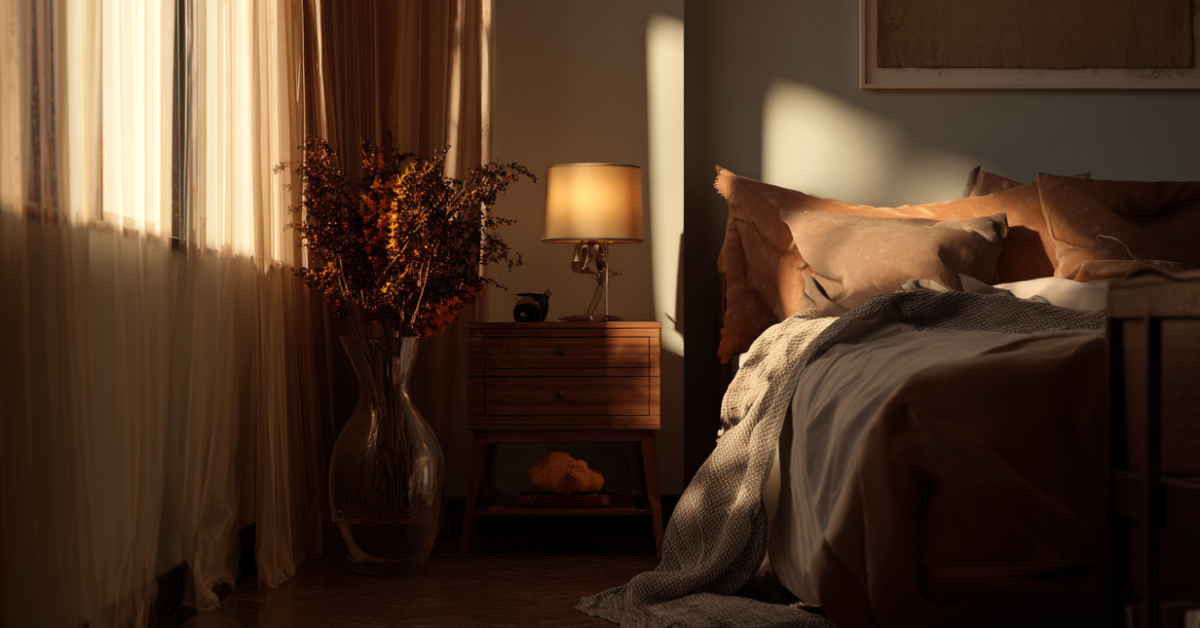 Shot of a cozy bedroom without electronic devices, no clutter, and in soft color palette.