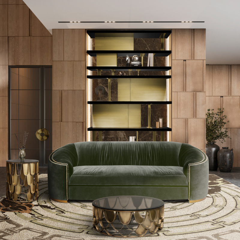 Modern living room with WALES Sofa, KOI Center Table, KOI II Side Table, LALLAN Bookcase by BRABBU and Golden Bugs Square Rug, top 20 interior design trends.