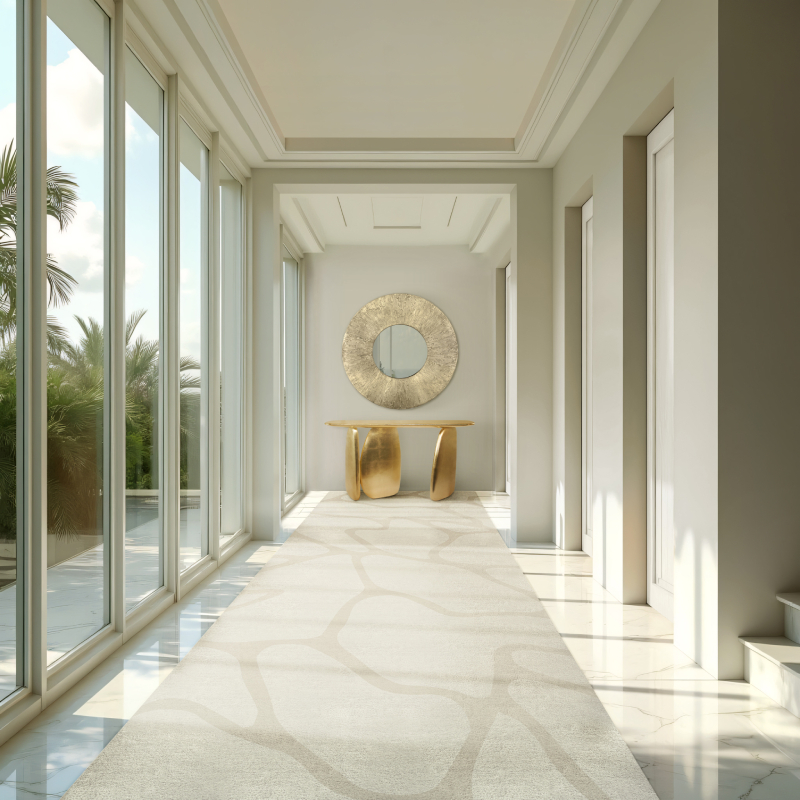 Majestic entryway with ARDARA II Console, HELIOS Mirror, NAICCA Suspension Light, AURUM XL Wall Lights and NANOOK Dining Chairs by BRABBU, top 20 interior design trends.