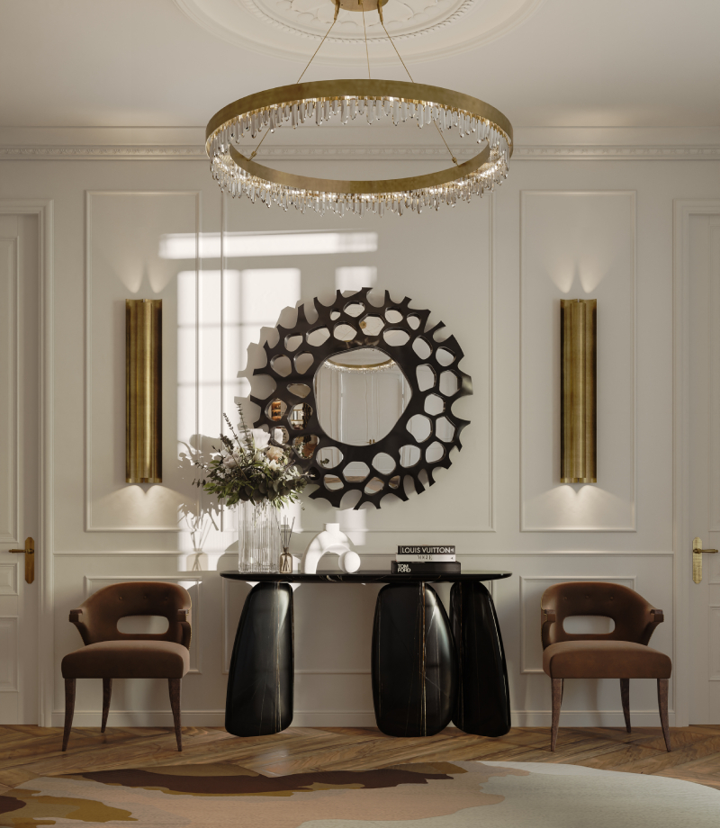 Elegant hallway featuring ARDARA Console and HULI Round Mirror by BRABBU, luxurious modern entryway design, top 20 interior design trends.