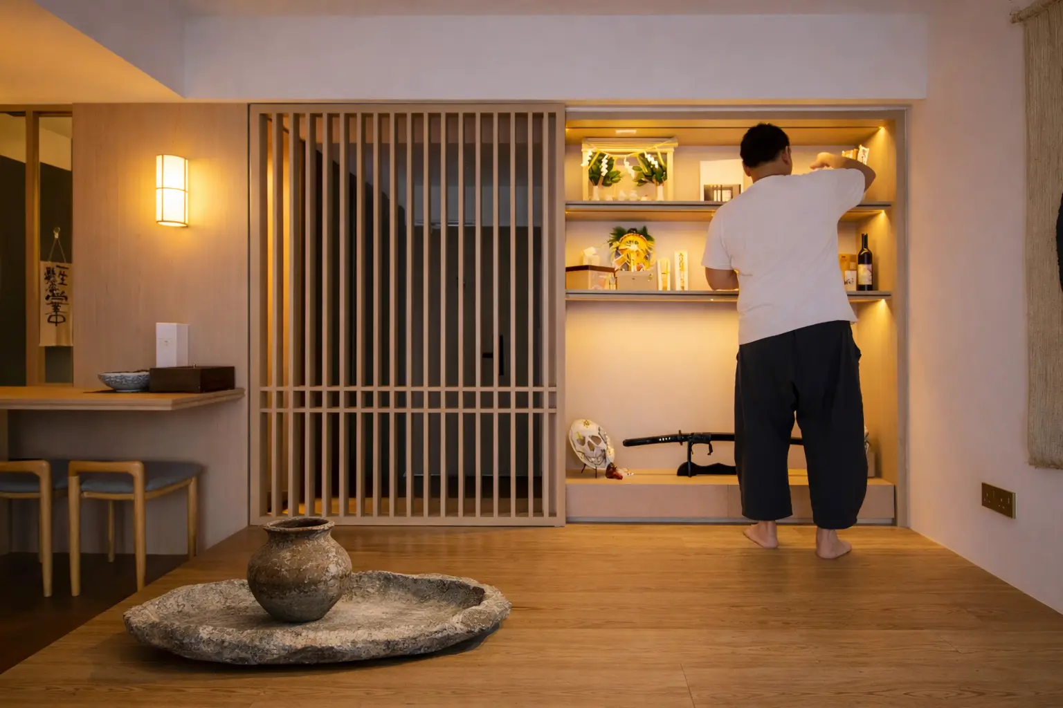 A house that practices the Japanese concept of Genken with a stone work tray and a Sabi-Wabi pot.