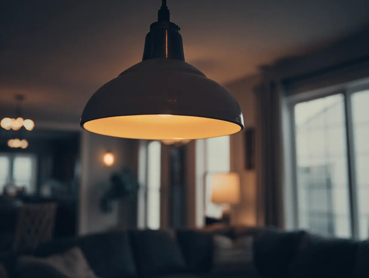 A dangling pendant light in a living room.