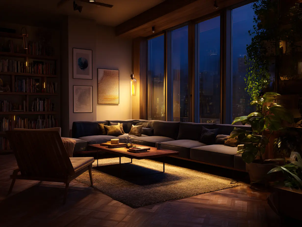 A living room with warm lighting in the evening.