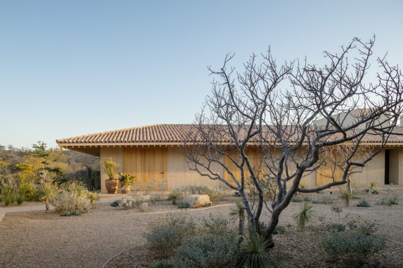 A single-story house with a tiled roof and wooden walls is surrounded by gravel, dry vegetation, and a leafless tree under a clear sky.