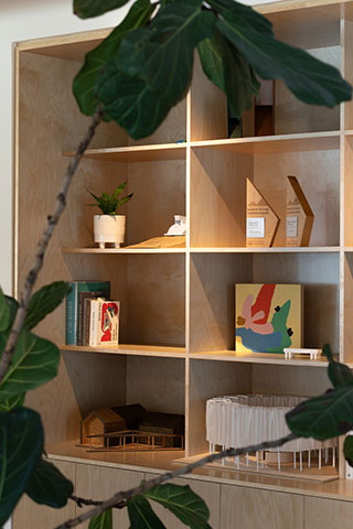 Wooden shelving unit with books, small plants, decorative objects, architectural models, and a colorful painting; a leafy plant is in the foreground.