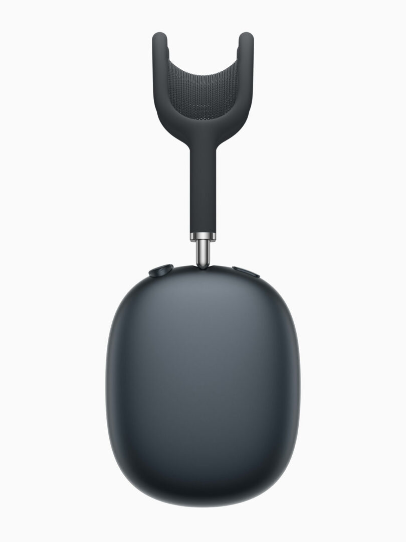 A single over-ear AirPods Max 2 wireless headphone in dark gray, shown from above with the headband and ear cup visible against a white background.