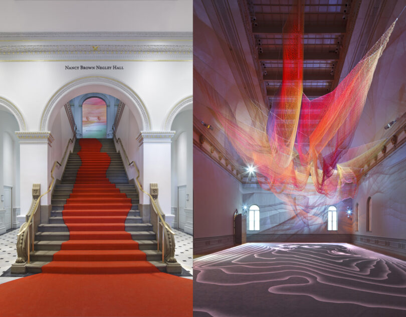 A wide staircase with a red carpet leads to an arched doorway; beside it, the Friday 5 hall features suspended colorful net art and patterned light projected on the floor.