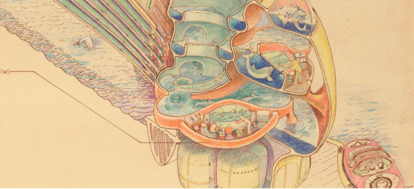 Colored pencil illustration of a cross-sectioned futuristic underwater home, showing multiple rooms and control panels, with stunning aquatic views—perfect inspiration for your Friday 5 design ideas amid ocean life and sea creatures outside.