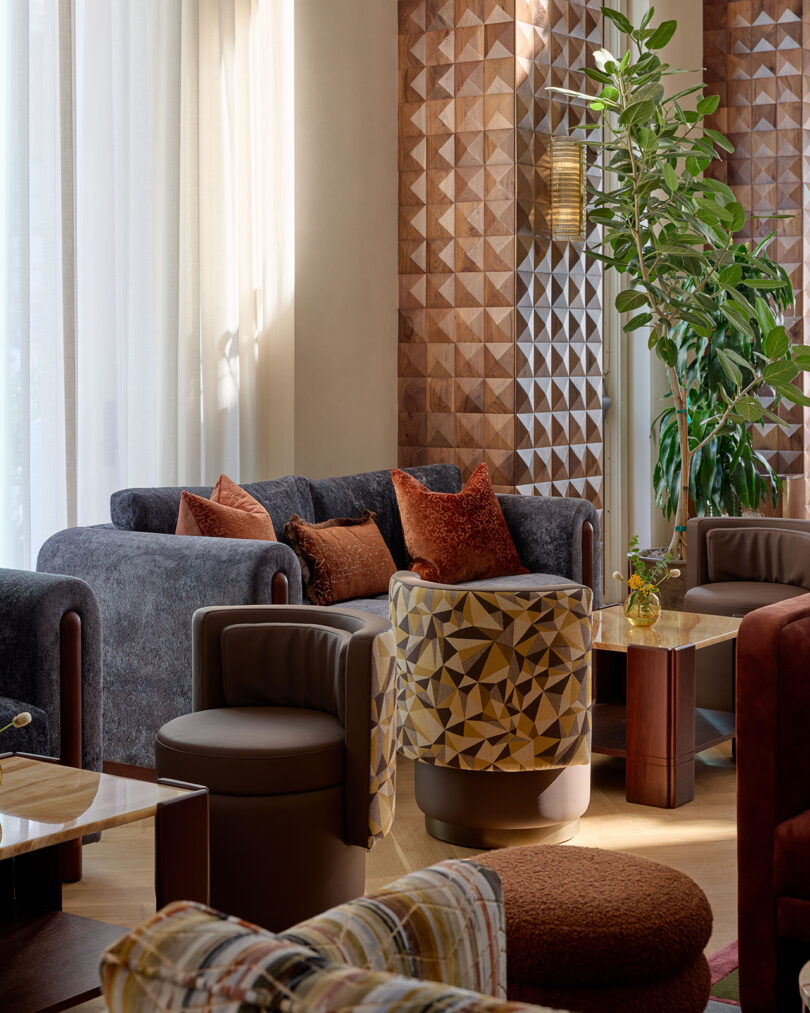 Modern living room by LEGEARD STUDIO with a geometric-patterned accent wall, gray and patterned seating, rust-colored cushions, a tall green plant, and sunlight streaming through sheer curtains.