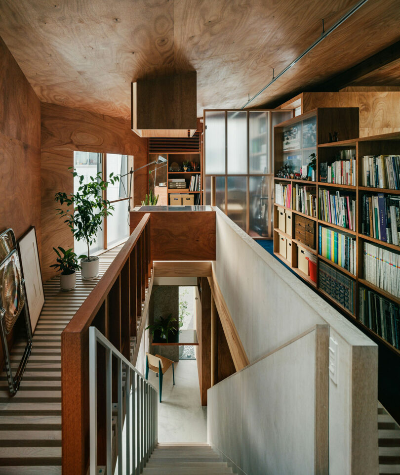 Modern interior with wooden walls and shelves, a staircase in the center, potted plants, framed artwork, and a large bookshelf filled with books.