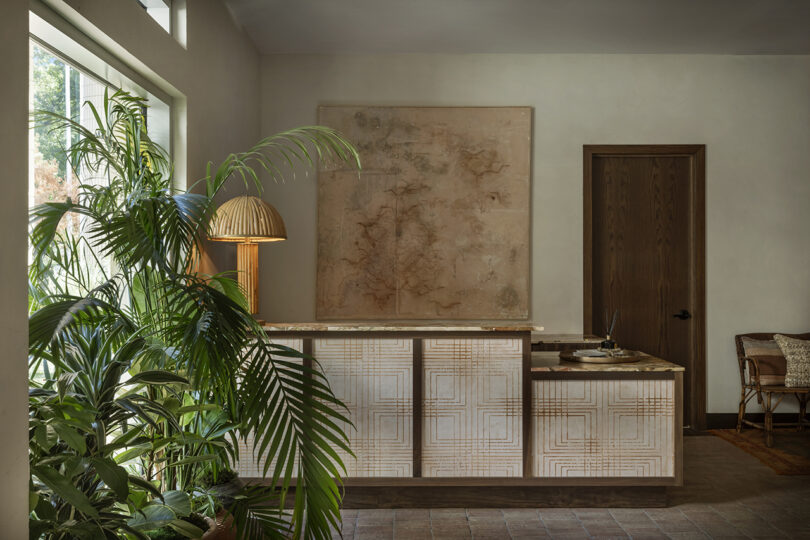 A modern room from Roost Rainey features a textured wooden cabinet, potted palm, lamp, large abstract wall art piece, and a wooden door. Natural light enters through a nearby window.