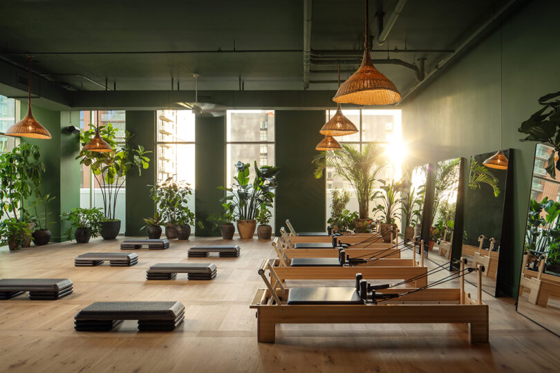 A modern Pilates studio at Roost Rainey with reformer machines, aerobic steps, wooden floors, large mirrors, potted plants, and natural light streaming through the windows.