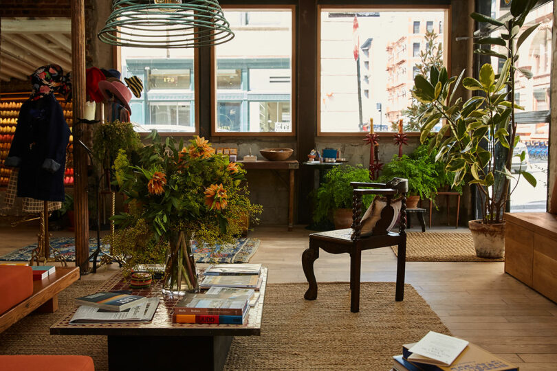 A cozy, sunlit store interior with large windows, potted plants, a wooden chair, a coffee table with books, and shelves displaying items in the background.