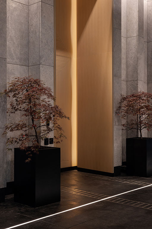 Modern interior with tall stone walls, vertical wooden panel, and two potted maple trees in black square planters on a dark floor with linear lighting.