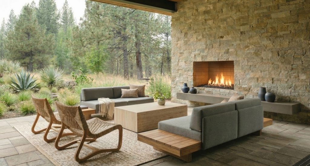 Mid century inspired covered patio design by Decorilla