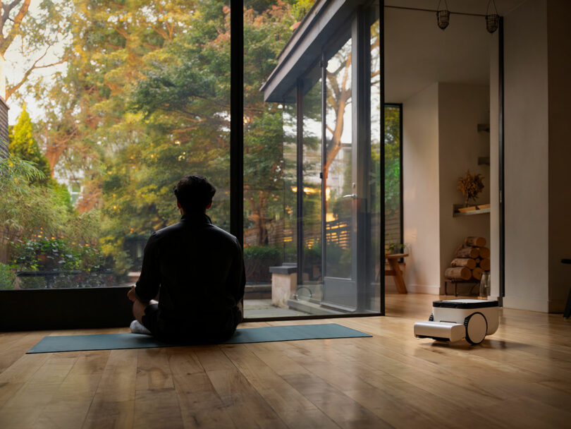 A person sits cross-legged on a yoga mat facing large windows with a garden view; a small white robot is nearby on the wooden floor.