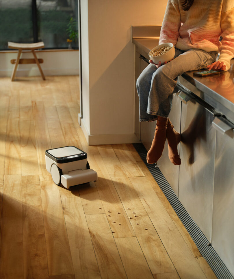 A person sits on a kitchen counter eating snacks, while a small robot vacuum cleans up spilled crumbs on the wooden floor.