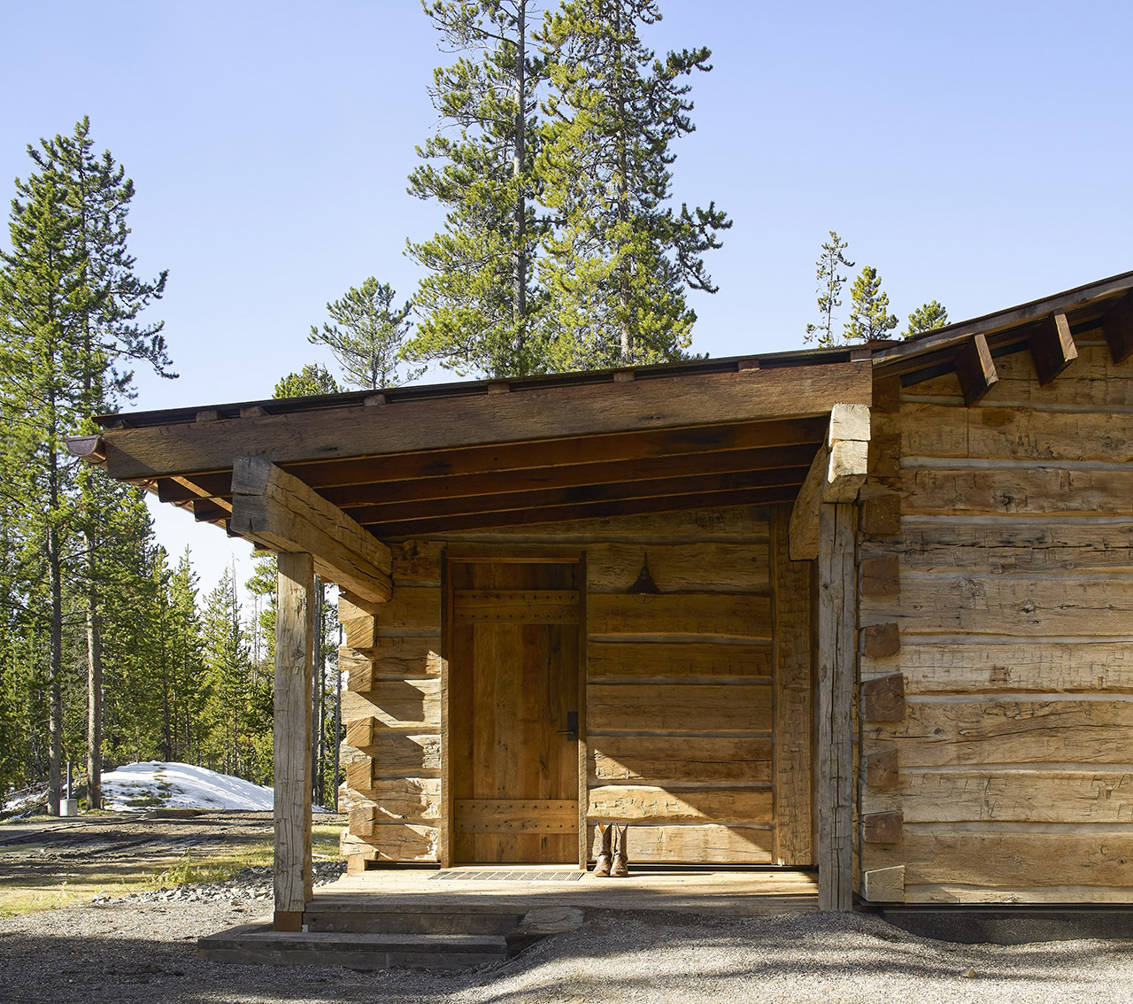 A rustic wooden cabin with a covered porch stands among pine trees under a clear sky; sunlight casts shadows on the structure.