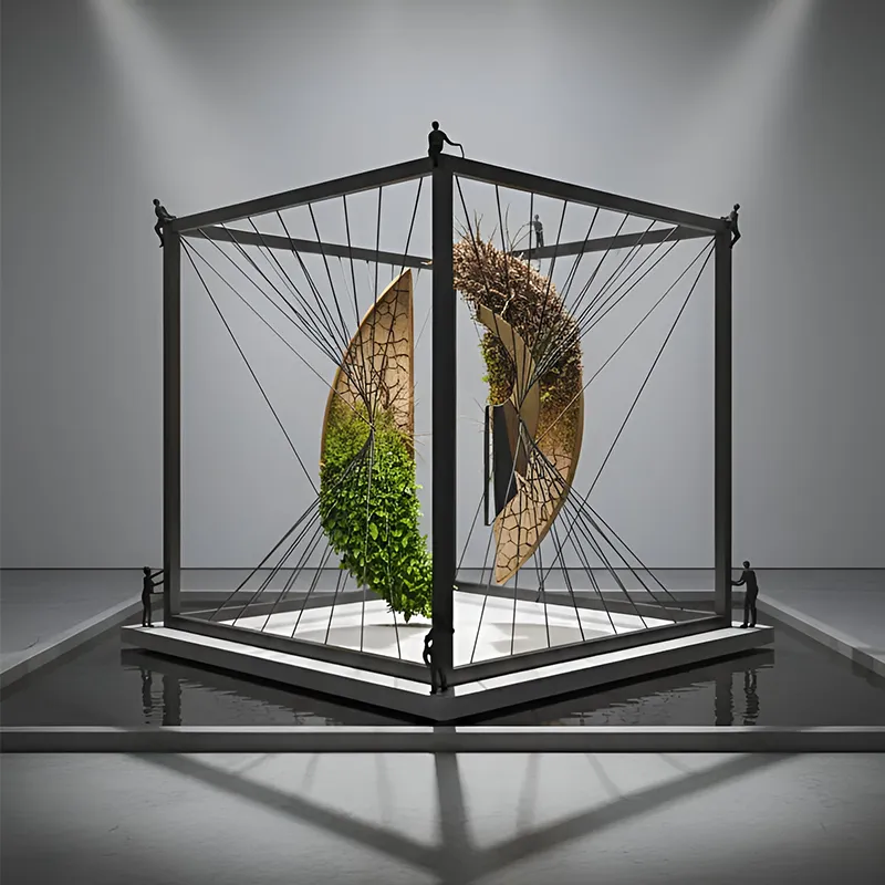 A geometric metal frame holds a suspended semicircular installation with green plants on one side and dried branches on the other, set above a shallow water basin in a minimalist room.