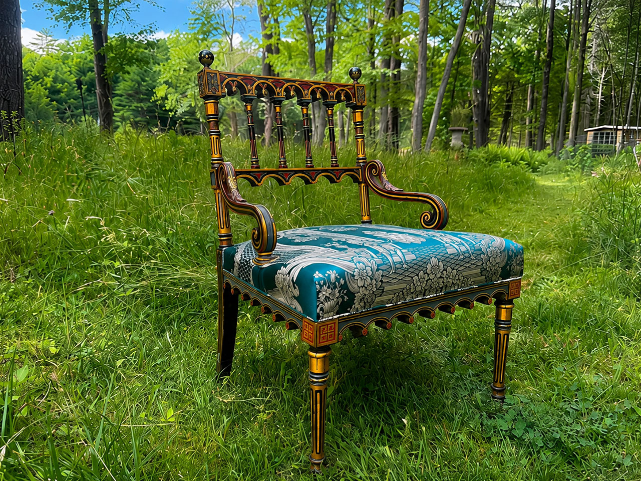 An ornate wooden armchair with blue and white upholstered seat and backrest sits on green grass in a wooded outdoor setting.