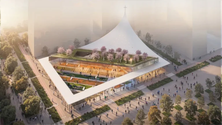 Monastery Designed With “Giant Sail” Roof Welcomes Public With Nature-Filled Open Spaces