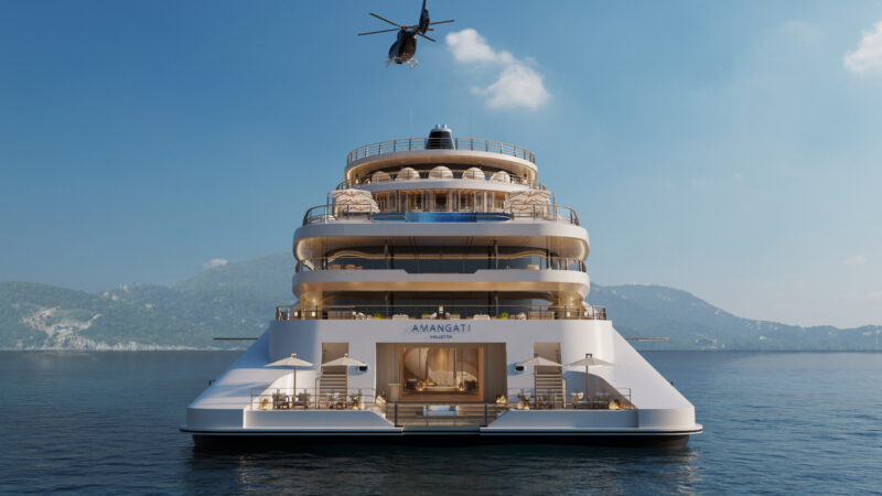 Rear view of a large luxury yacht named