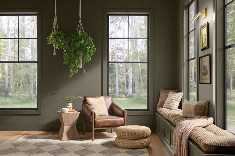 A cozy reading nook with a leather chair, poufs, window bench, hanging plant, and large windows overlooking a green forest is beautifully accented by touches of Behr 2027 Color of the Year, bringing a fresh and inviting atmosphere to the serene space.