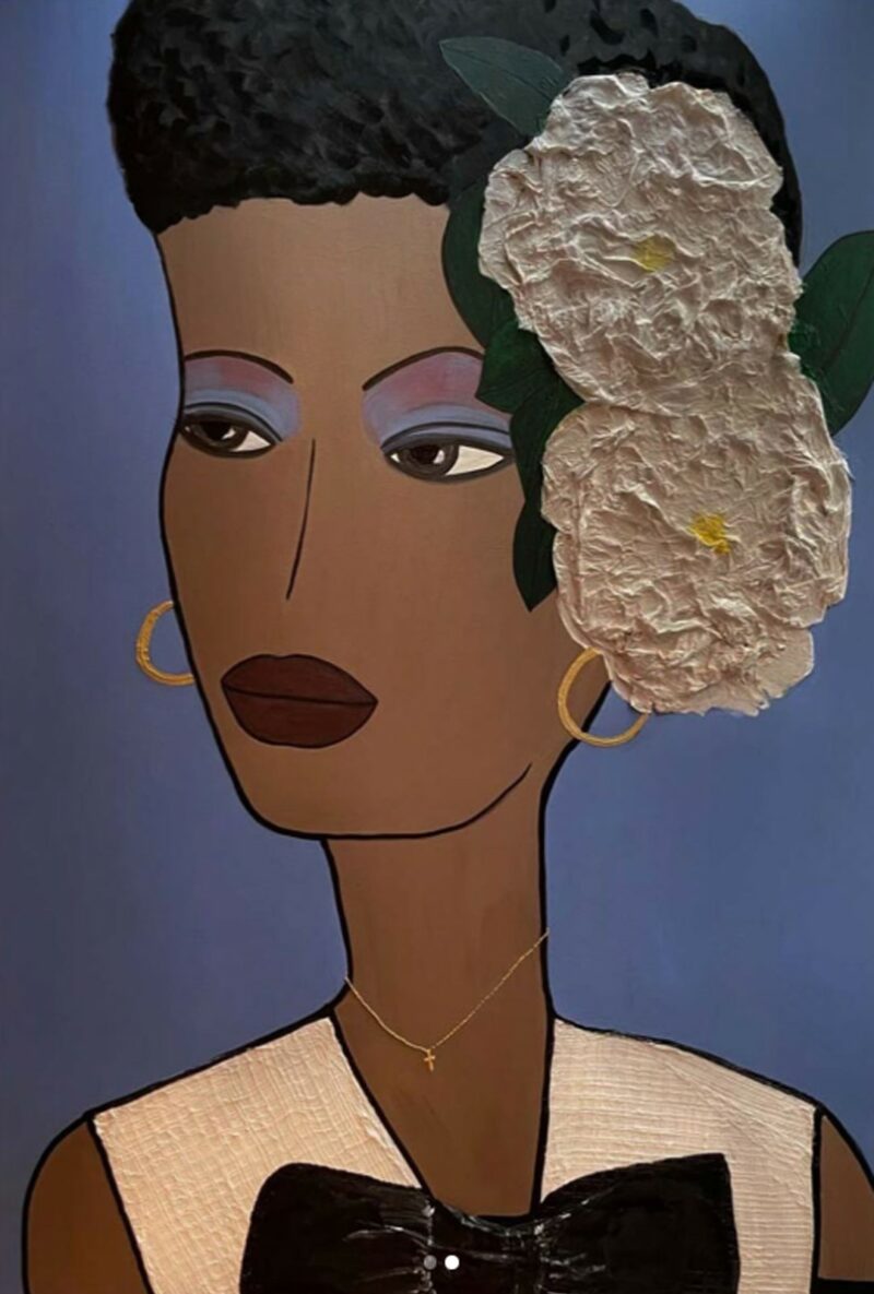 Stylized painting of a woman with dark skin, short textured hair, large white flowers, hoop earrings, a bow tie, and a gold necklace against a blue background.