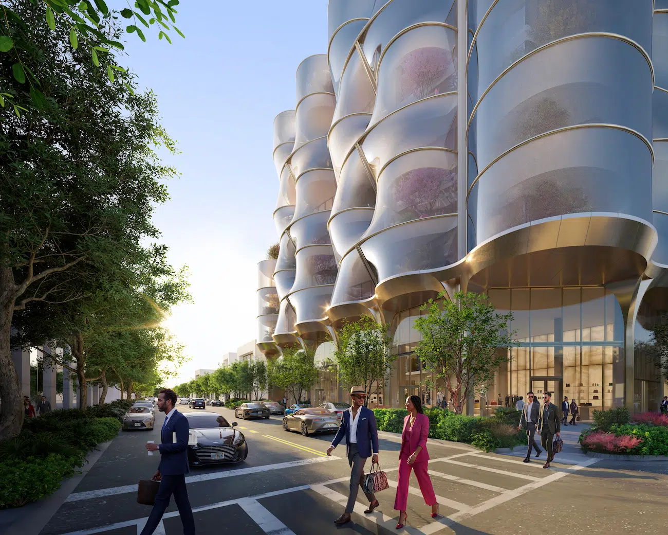 Warm sculptural metal clad bays provide shade and define the retail realm. Photo Credit: Sn&oslash;hetta / PLOMP