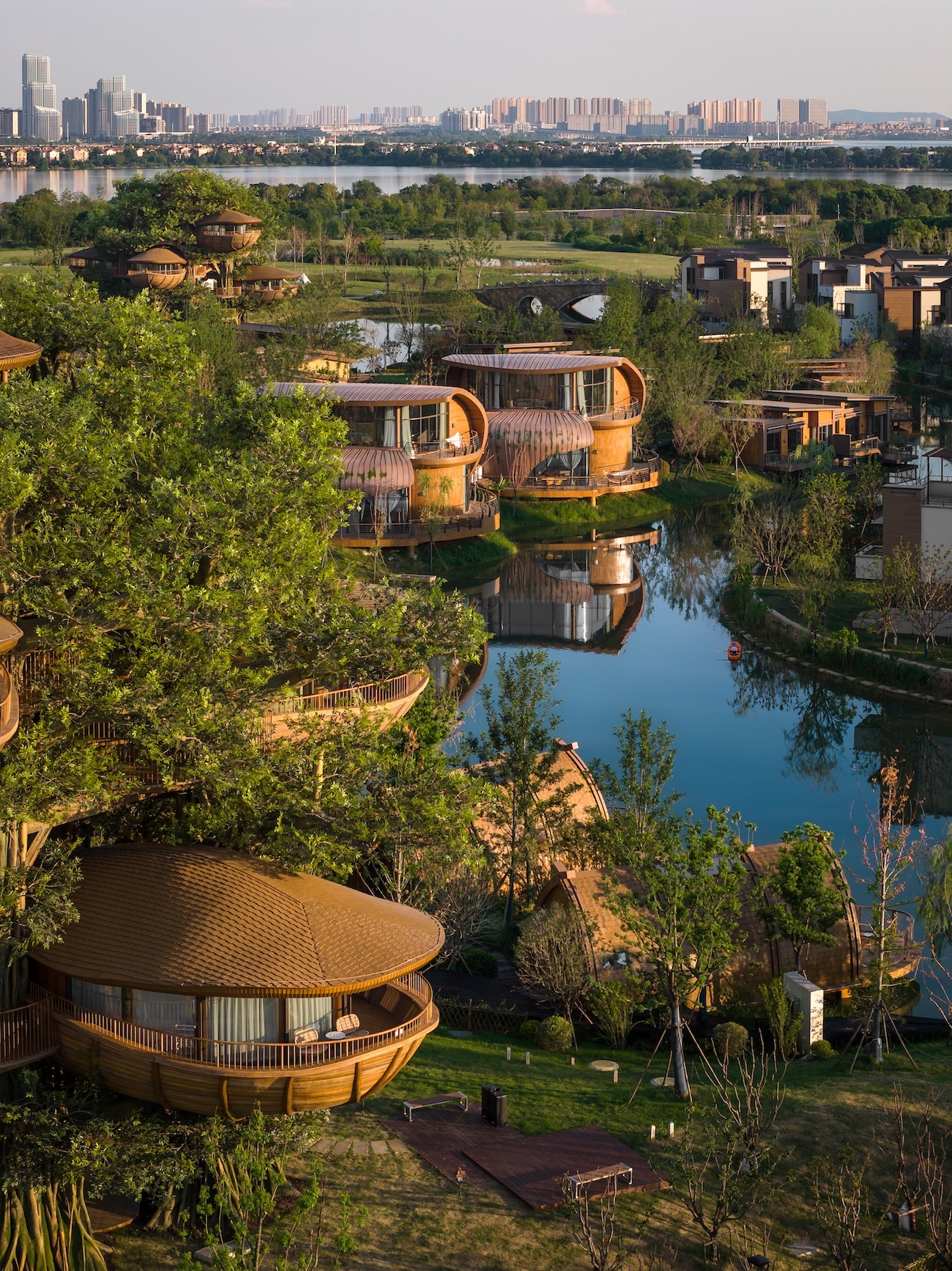 Aerial photo of lakeside resort.